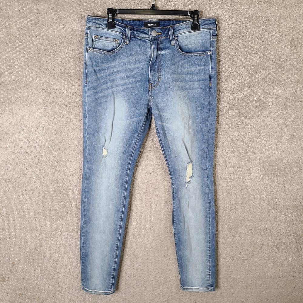 Nova Men Jeans Men 32x31 Blue Skinny Vintage Blue Wash Distressed Cotton Stretch